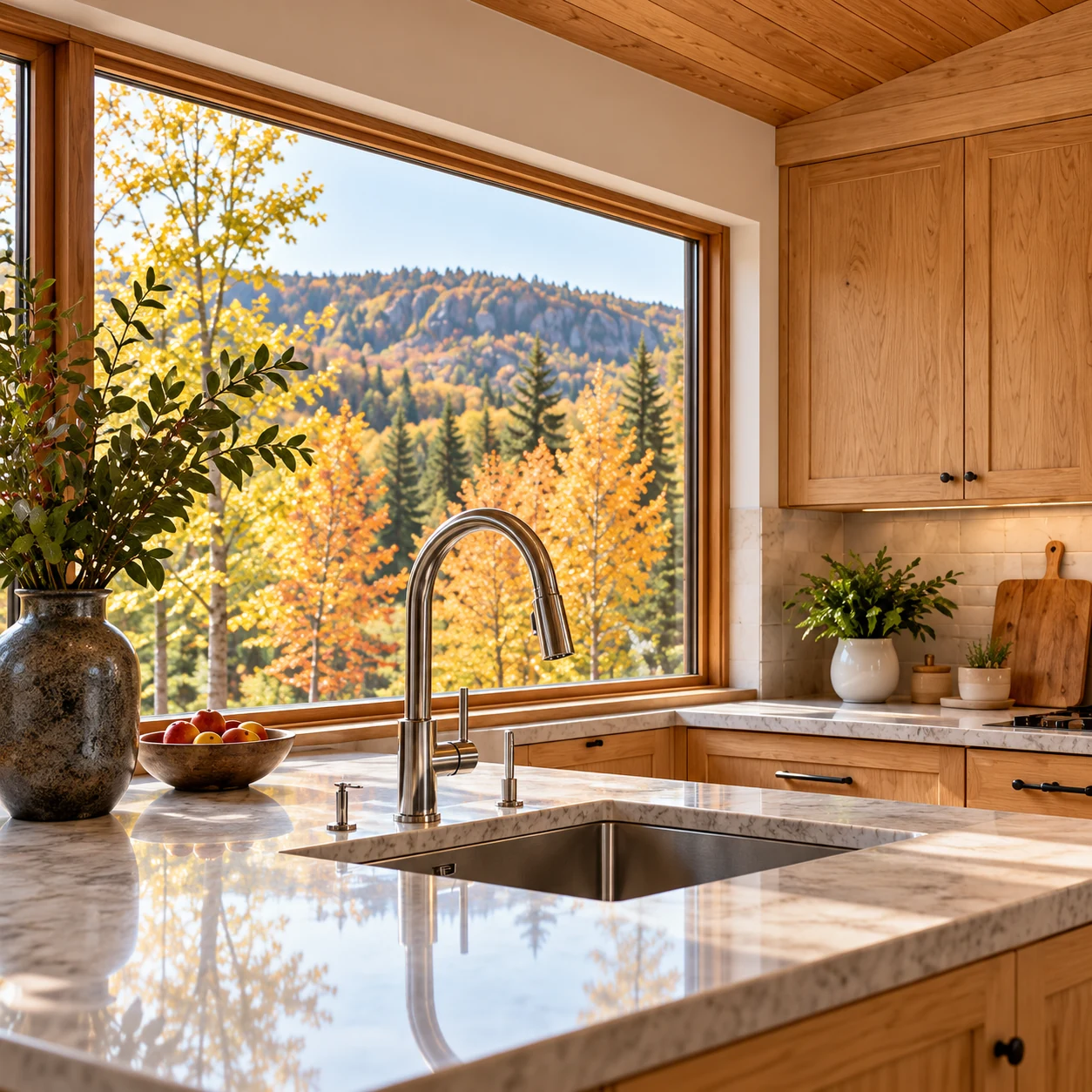 Chalet kitchen with autumn woodland view, illustrative image