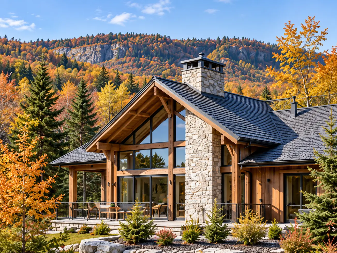 Timber and stone chalet in autumn, illustrative image