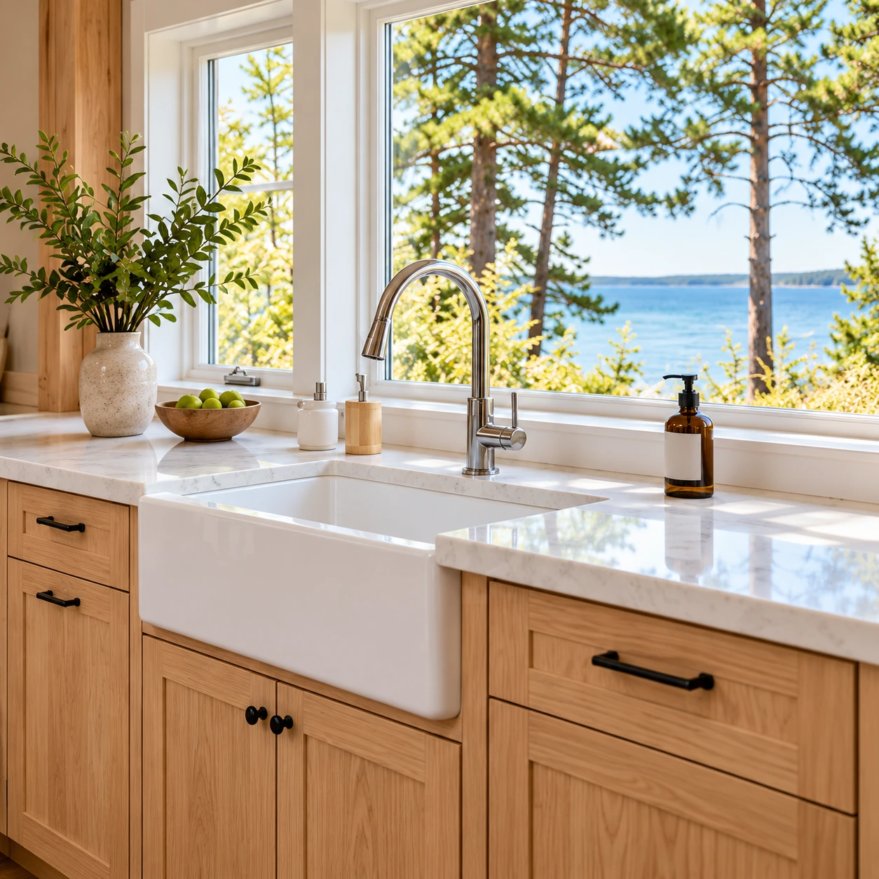 Cottage kitchen sink overlooking a lake, illustrative image