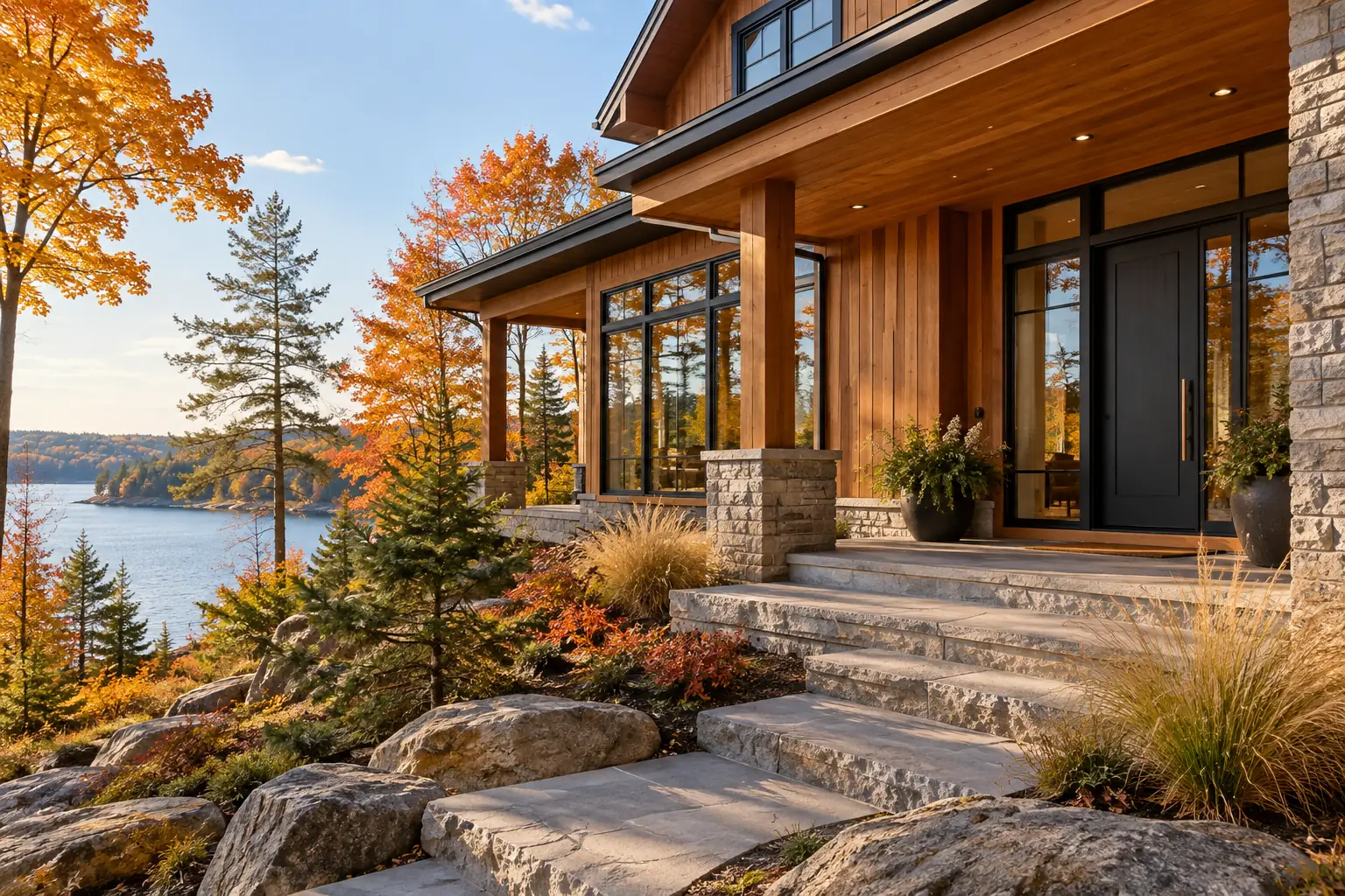 Illustrative timber cottage in an autumn setting