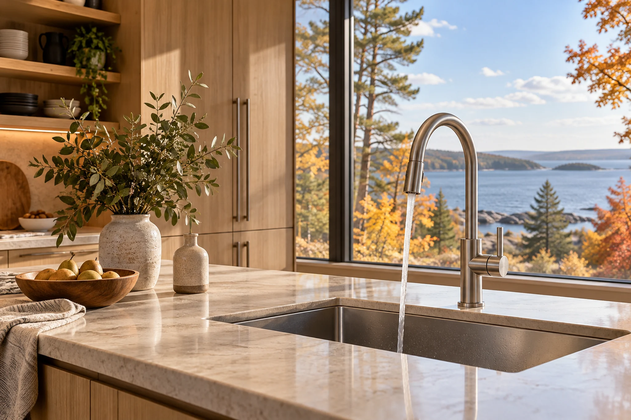 Kitchen sink and brushed steel faucet in natural daylight