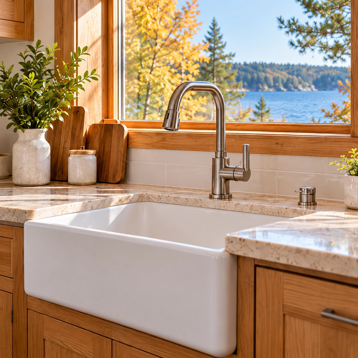 Cottage kitchen sink and faucet with an autumn lake view, illustrative image