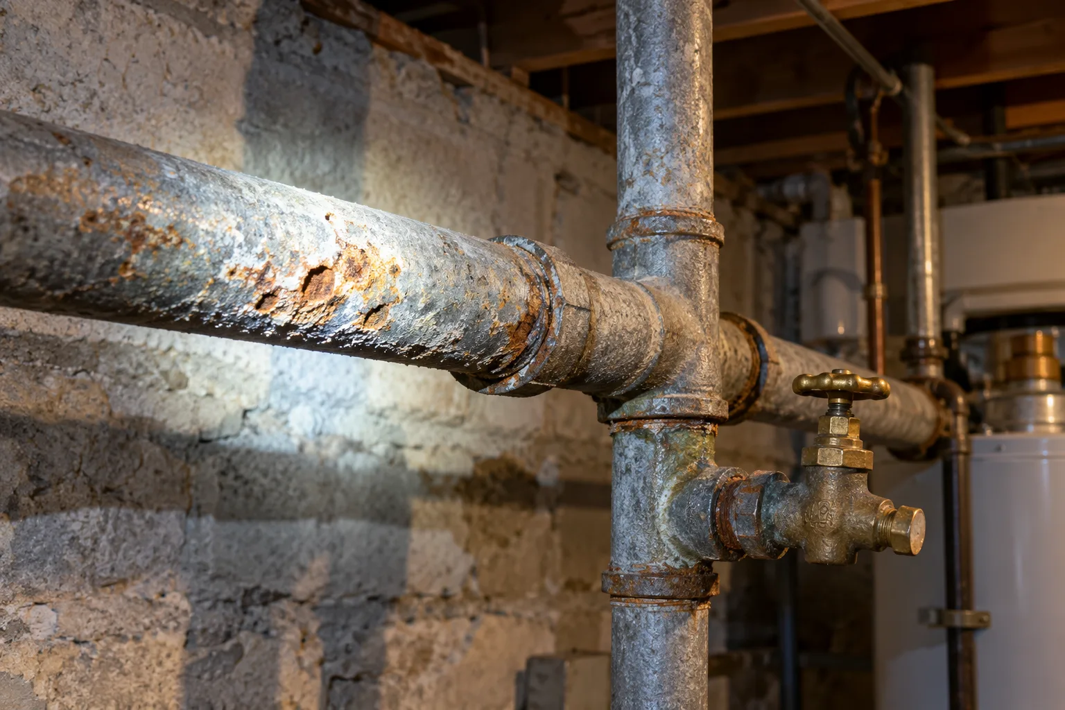 Illustrative corroded older pipework illuminated for inspection