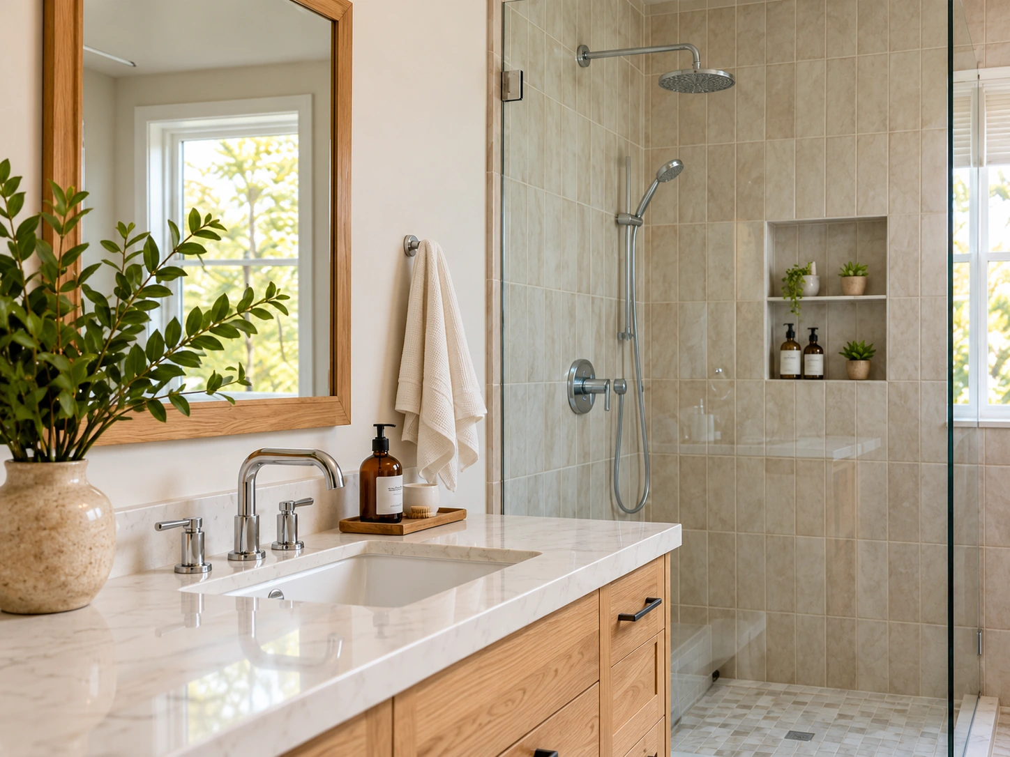 Renovated bathroom with oak vanity and tiled shower, illustrative image
