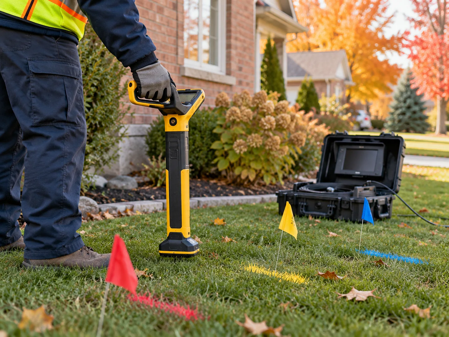 Utility locating equipment and marked lawn before a sewer repair excavation, illustrative image