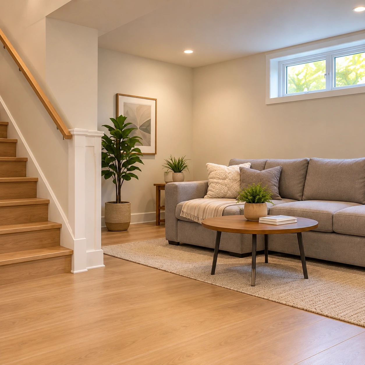 Finished basement with an oak staircase and neutral sofa, illustrative image