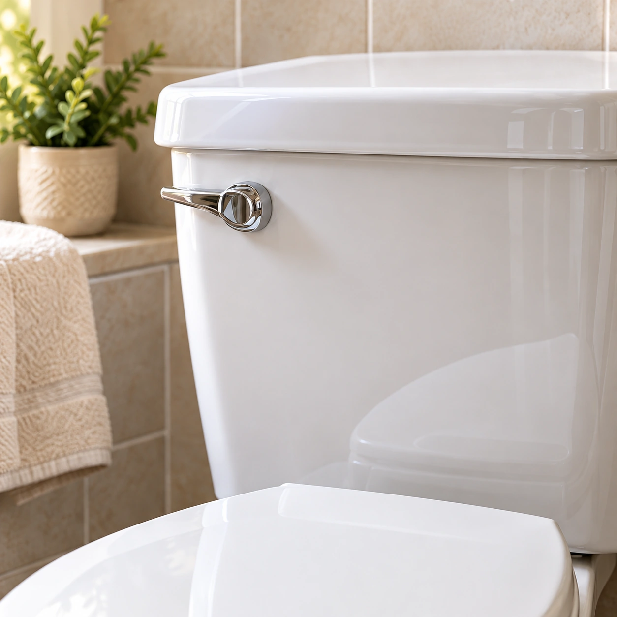 White toilet cistern with a chrome flush lever in a warm neutral bathroom, illustrative image