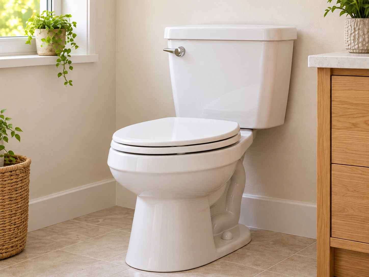 Toilet in a bright residential bathroom White porcelain toilet in a bright bathroom with a natural oak vanity, illustrative image