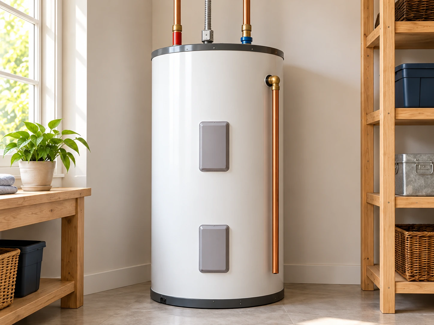 White electric storage water heater in a bright utility room, illustrative image