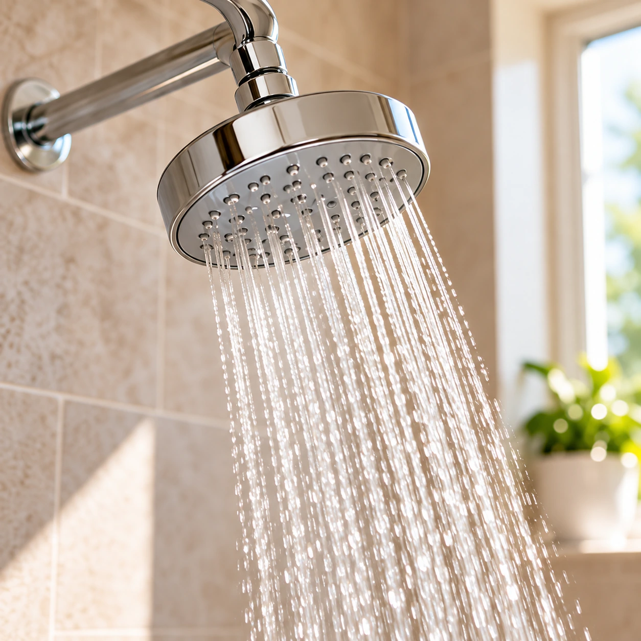 Chrome showerhead with flowing water in a bright bathroom, illustrative image